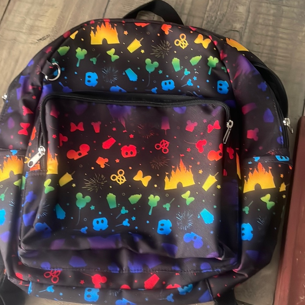 Disney Black Backpack with Rainbow Castle & Icon Print